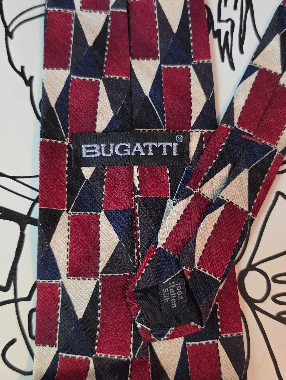 Bugatti Mens Tie 100% Italian Silk Red Navy Blue Cream Geometric 58” x 3.75”